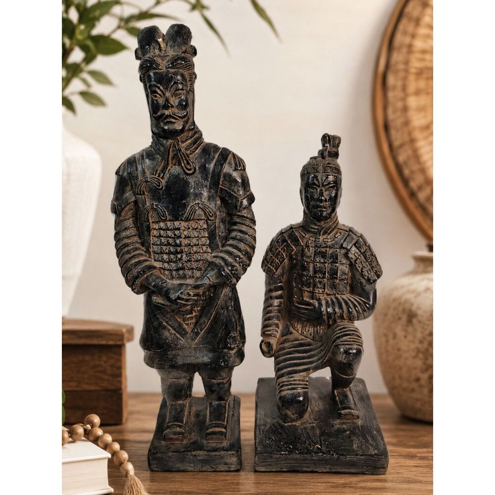 Terracotta Warrior Candles 11" & 9" Set Chinese Soldier Sculptures Asian Decor